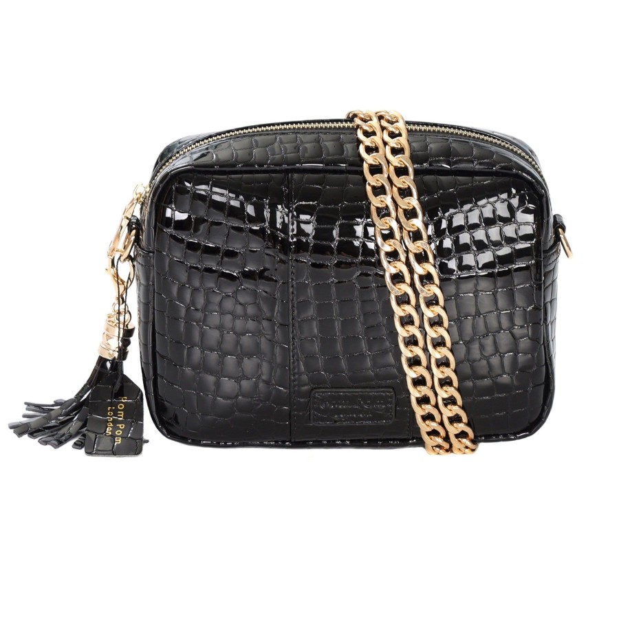 Bags Pom Pom London | Pom Pom London City Bag Patent Croc Black